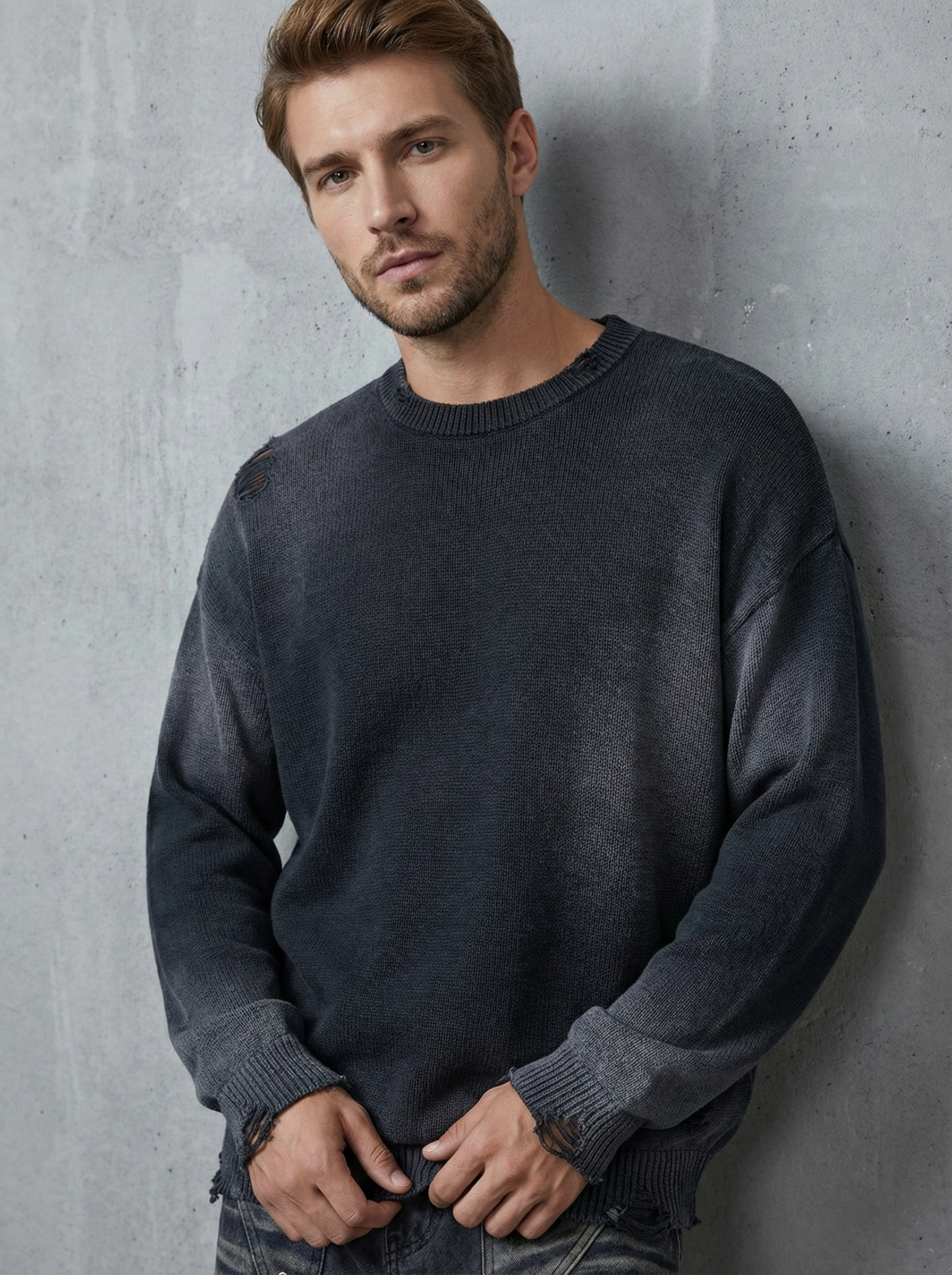 Sun Fade Distressed Ripped Crewneck Sweater - Vintage Grunge 