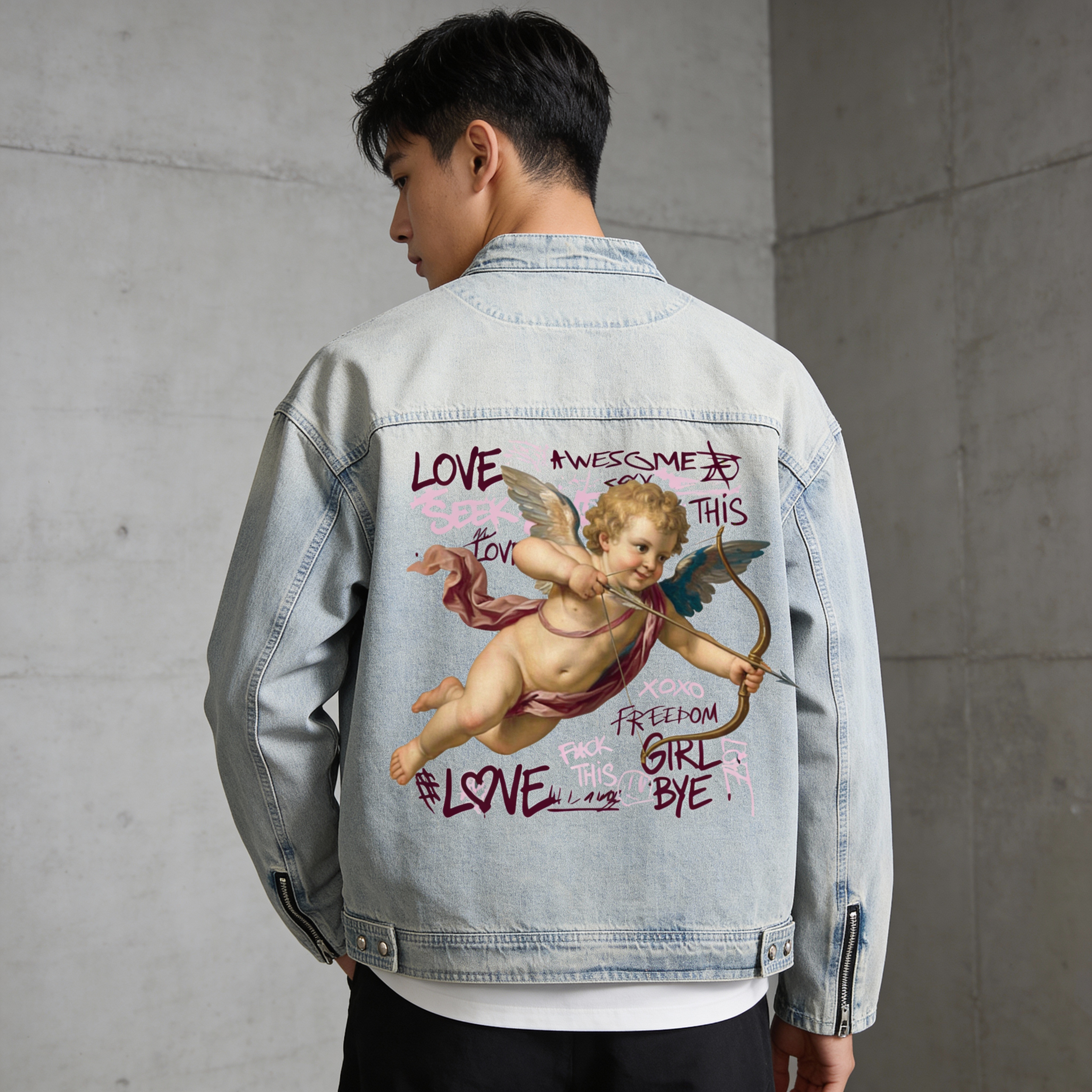 Cupid Vintage Wash Zip Denim Jacket - Oversized Unisex Streetwear