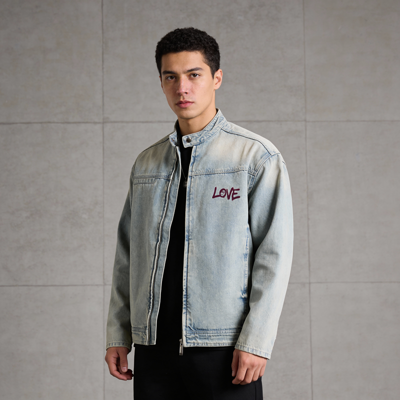 Cupid Vintage Wash Zip Denim Jacket - Oversized Unisex Streetwear