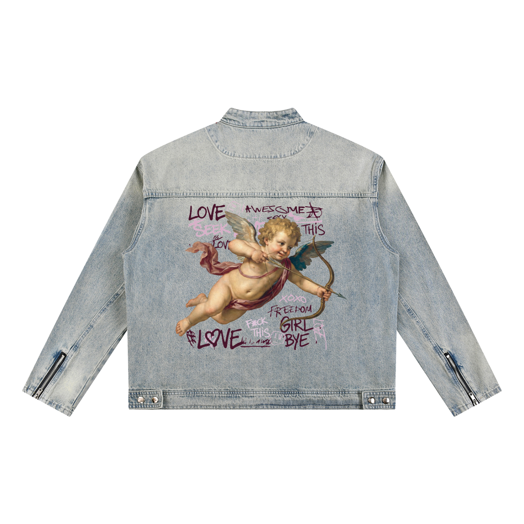 Cupid Vintage Wash Zip Denim Jacket - Oversized Unisex Streetwear