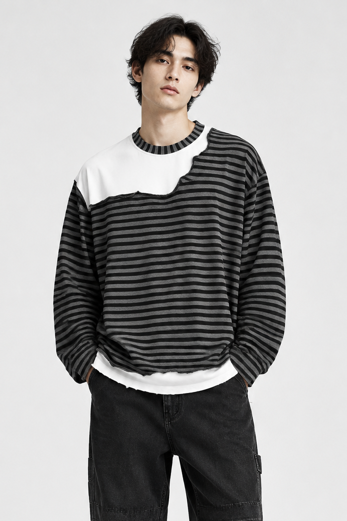 Unisex Striped Panel Boxy Long Sleeve T-Shirt