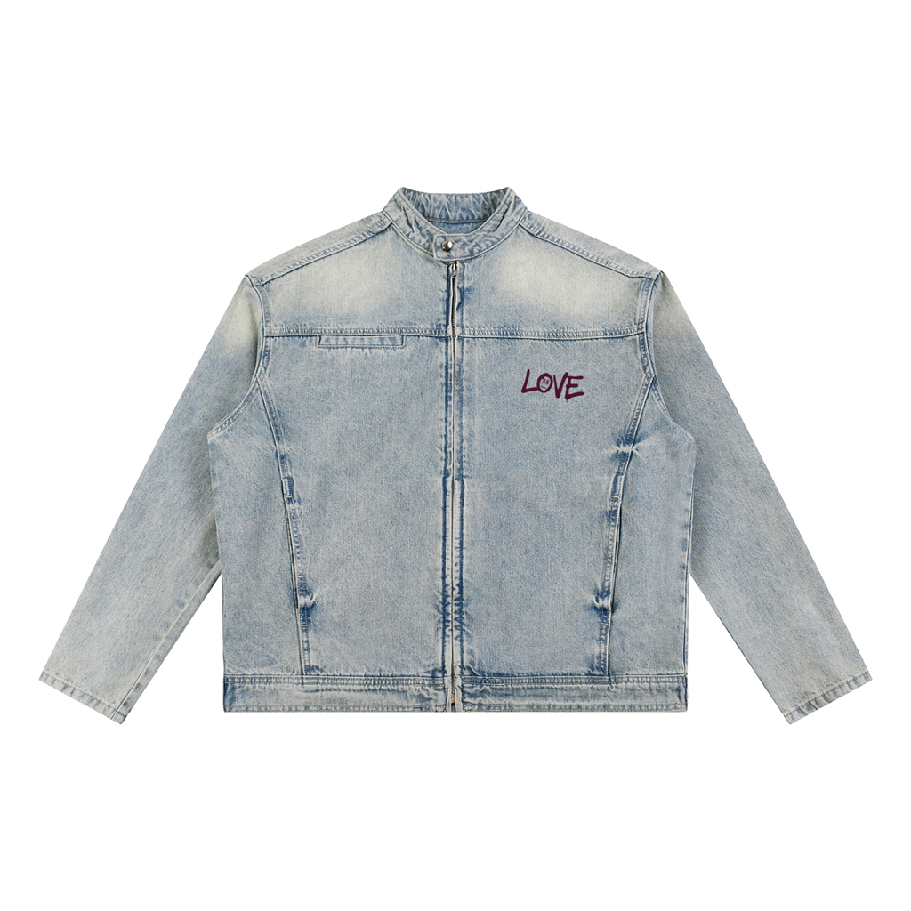 Cupid Vintage Wash Zip Denim Jacket - Oversized Unisex Streetwear