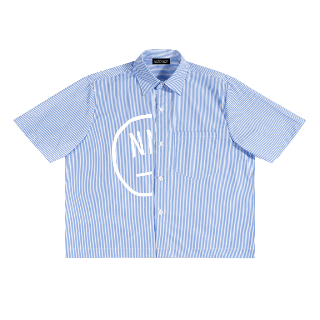 Blue striped shirt with a white logo on a white background