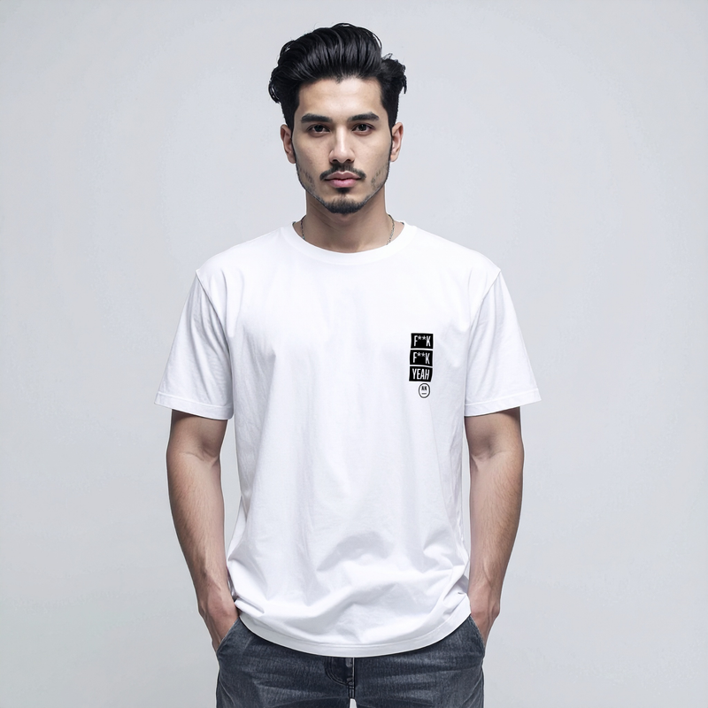 Man wearing a white t-shirt with a black logo on a gray background