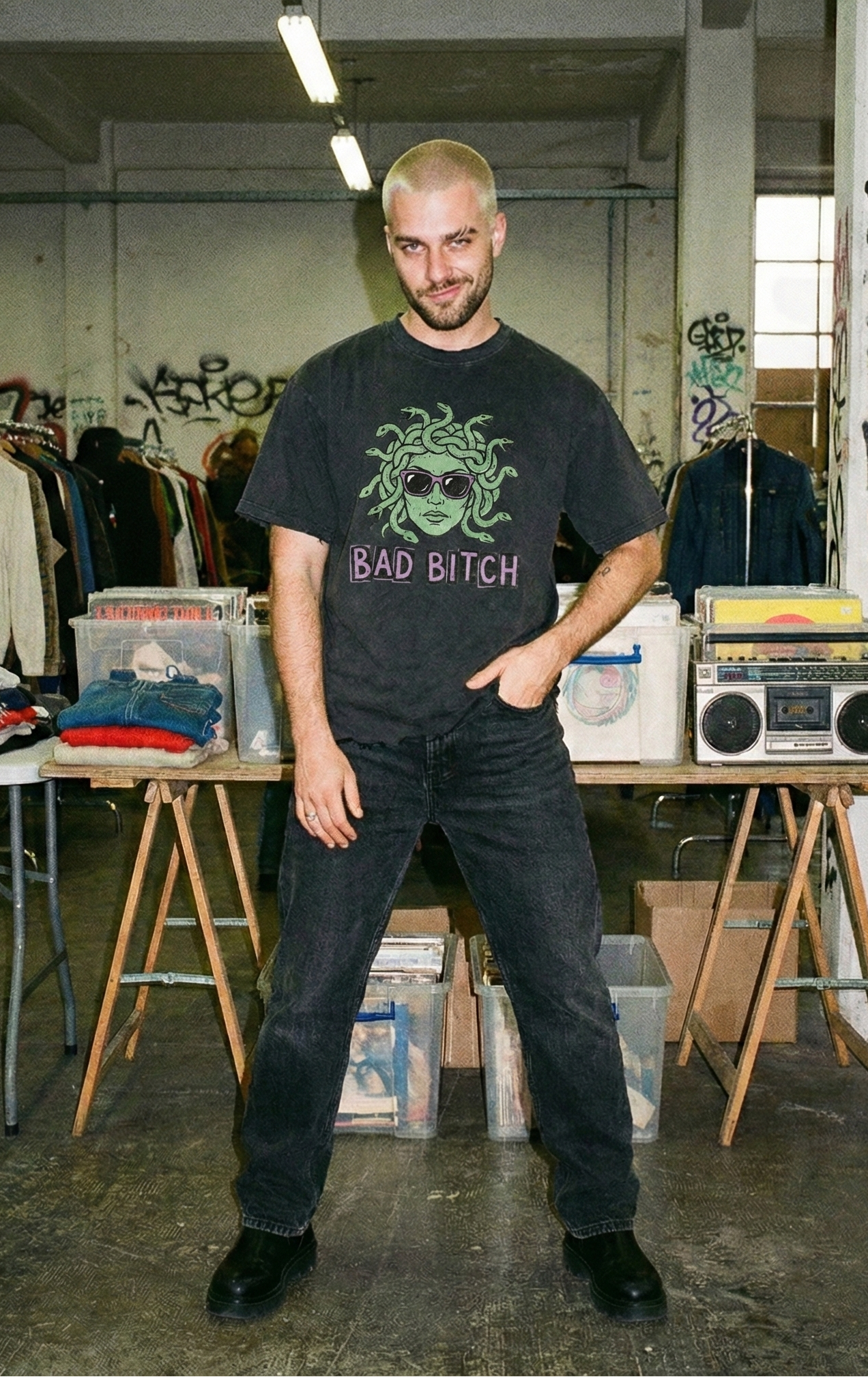 Medusa 'Bad Bitch' Raw-Hem Boxy T-Shirt