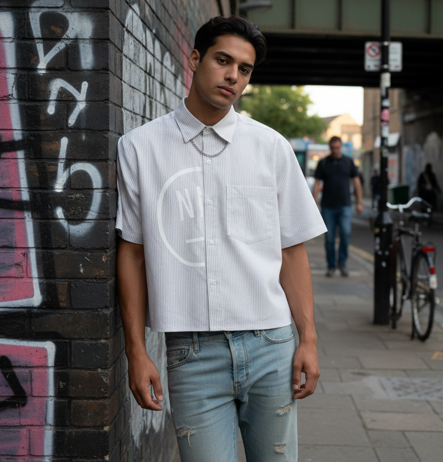Man wearing a white shirt with a logo leaning against a graffiti-covered wall.