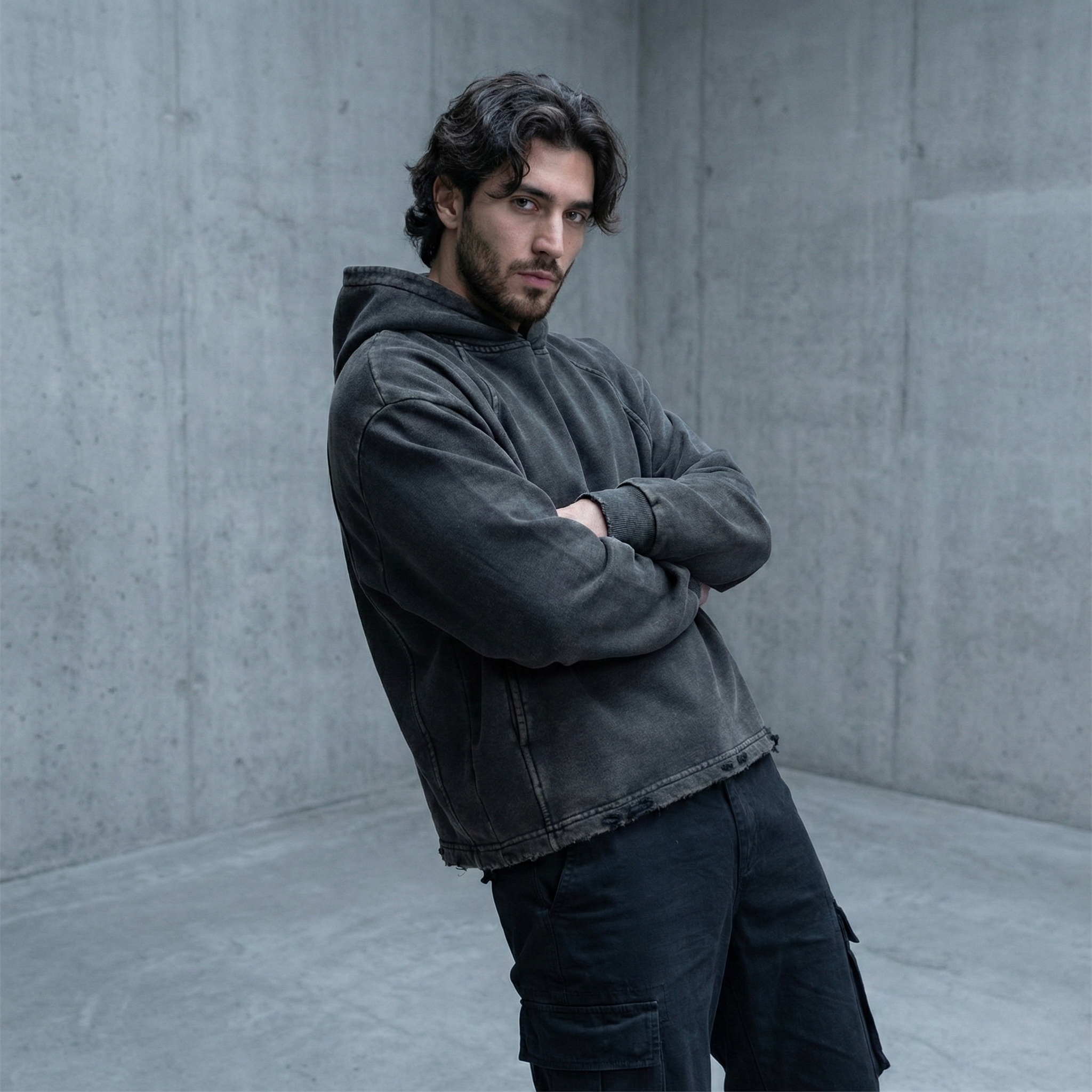 Vintage Washed Frayed-Hem Hoodie