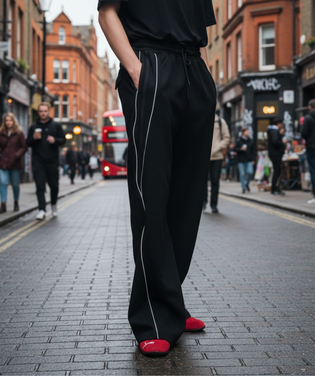Person wearing black outfit with red shoes on a city street